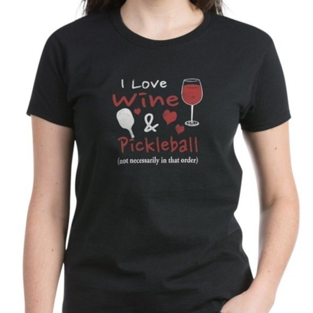 I Love Wine & Pickleball (not necessarily in that order) Black Graphic T-Shirt M